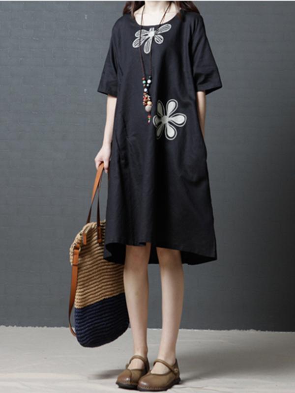 Linen Cotton Short Sleeve Loose Pockets Dress