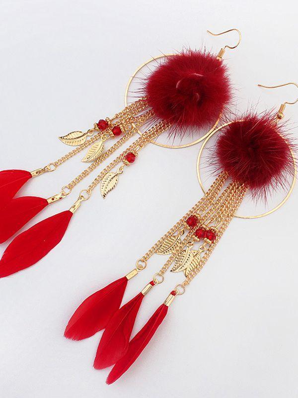 Bohemian Exaggerated Feather Shape Fringe Pierced Earrings