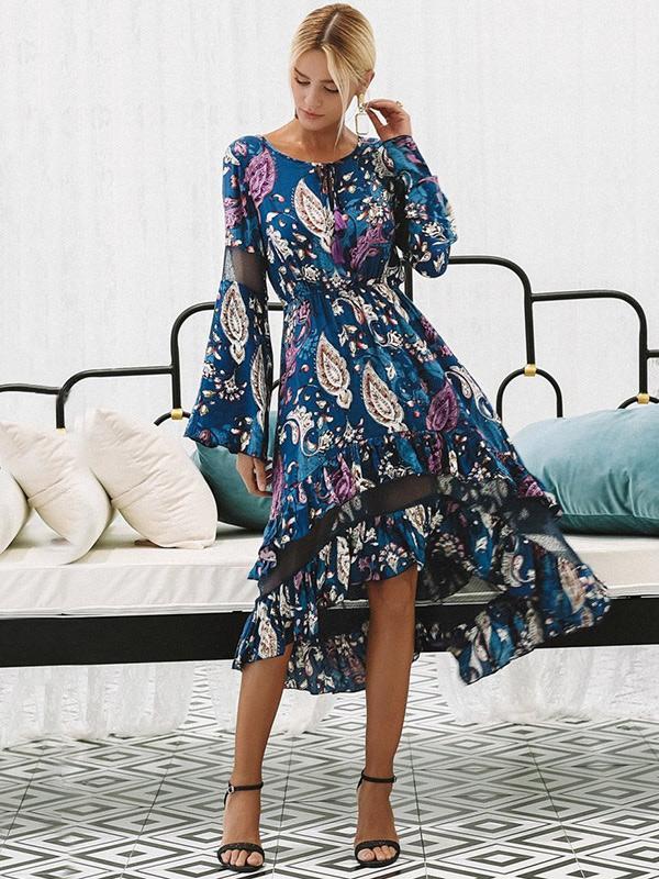 Floral Print Long Sleeve Irregular Midi Dress