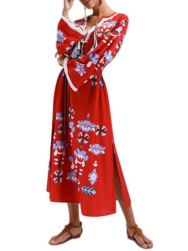 Bohemian Retro Sexy Print V-Neck Long-Sleeved Beach Long Dress