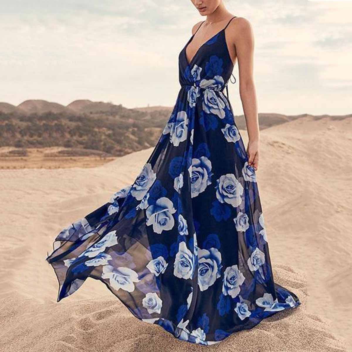 Fashion V Neck High Waist Spaghetti Strap Beach Maxi Dress