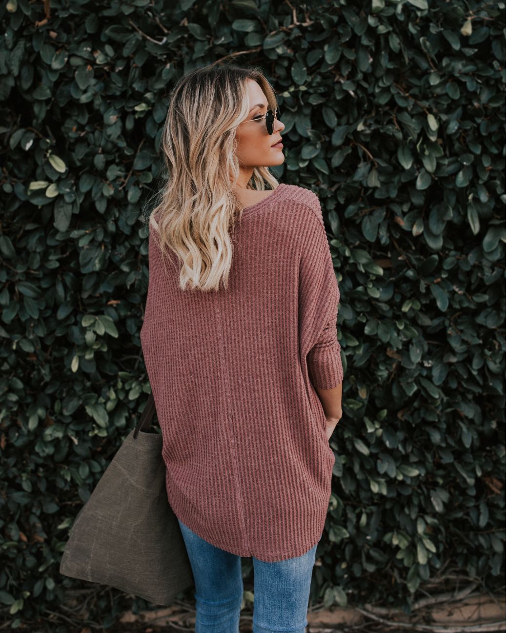 Knit V Neck Long Sleeve Solid Color Top Blouse