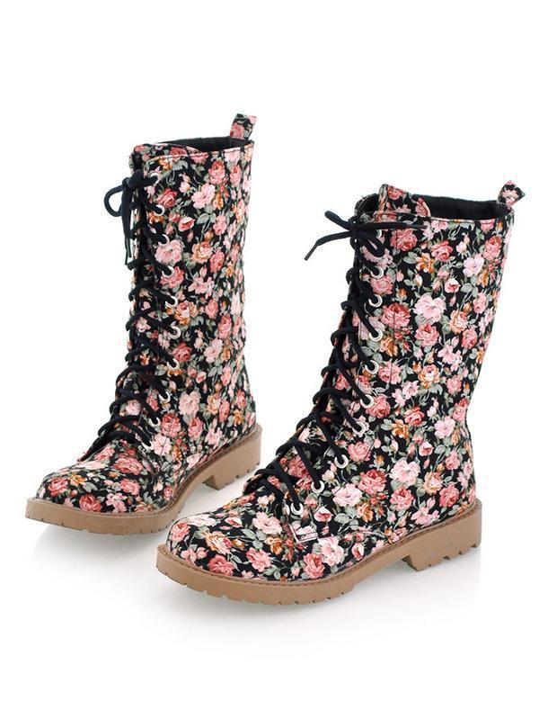 Women Floral Martin Low-heel Boots Shoes