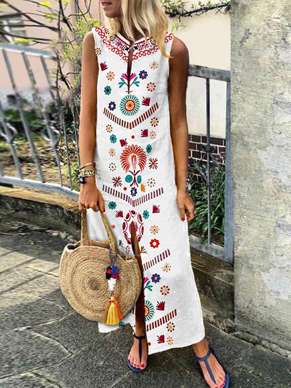 Boho Floral Summer Sleeveless Split Maxi Dress