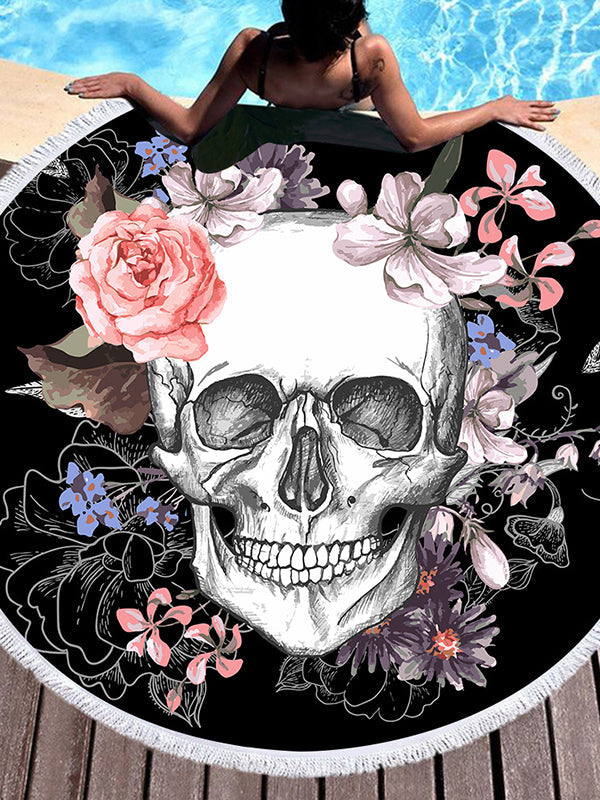 Cool Floral Skull Round Yoga Mat Print Tassel Summer Beach Towel