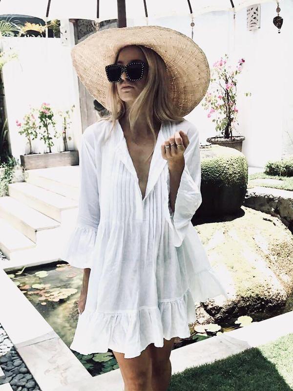 Autumn Bohemian Flare Sleeve Ruffles White Beach Dress