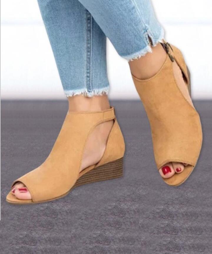 Wedge Buckles Mid Heel Peep Toe Sandal Shoes