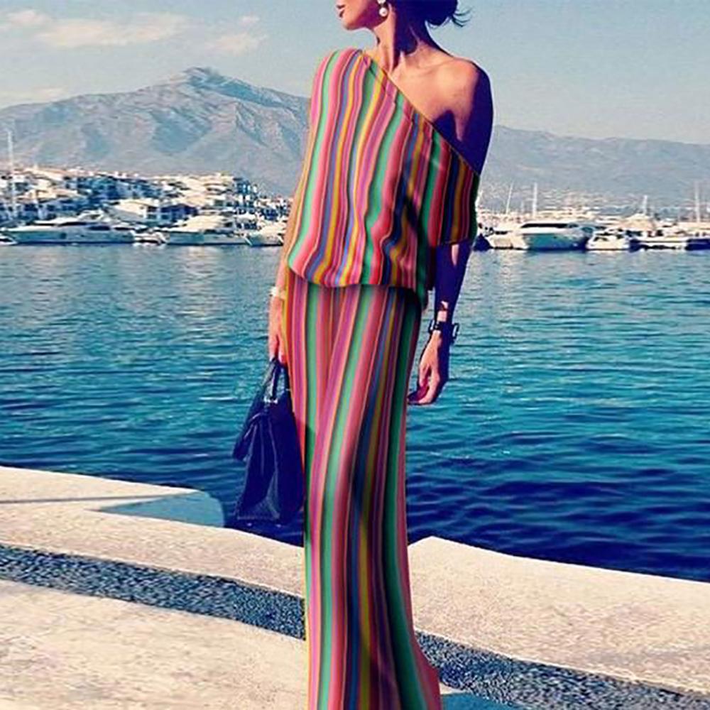 Large Size Off Shoulder Loose Rainbow Stripe Bohemian Dress