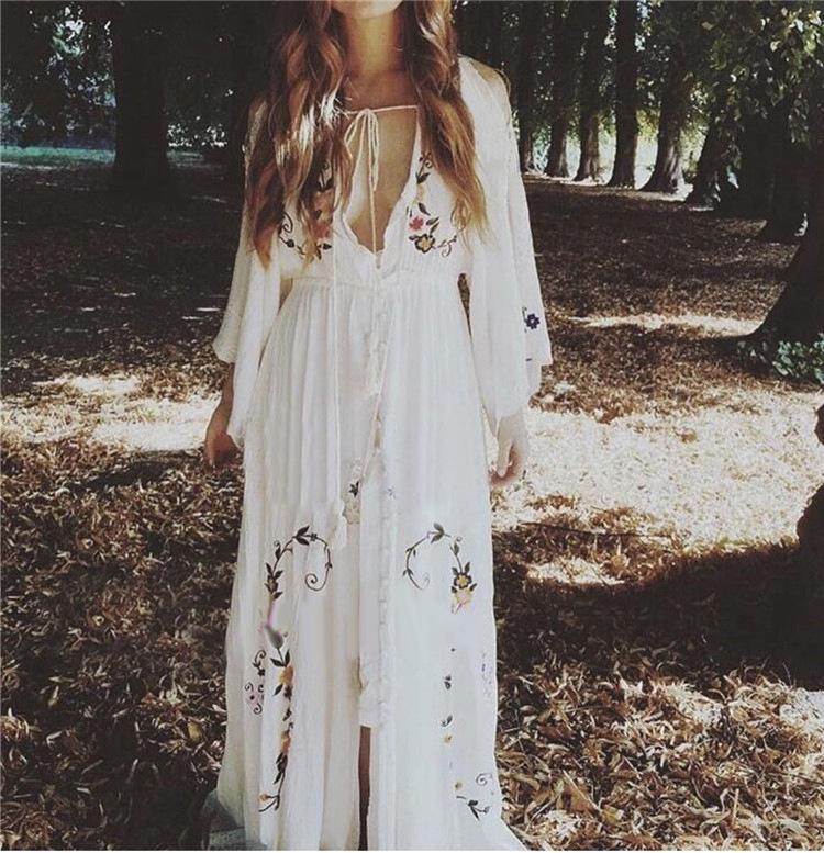 V-neck Color Embroidery Long Sleeve Bohemian Maxi Long Dress