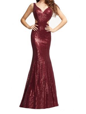 Bridesmaid V-Neck Sleeveless Sequins Evening Dress