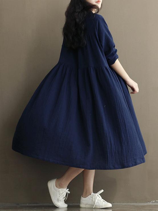 Vintage Button Linen Cotton Long Sleeve Midi Dress