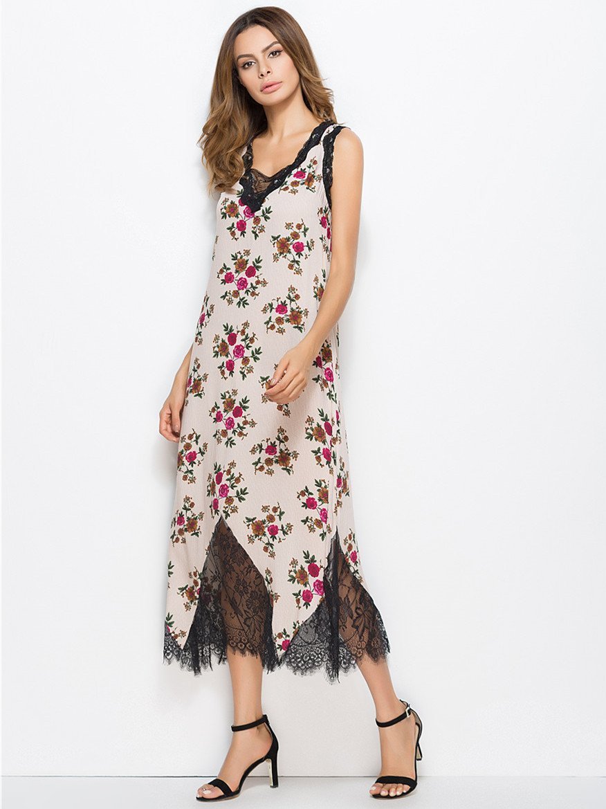 Floral Lace Split-joint V-neck Sleeveless Bohemia Midi Dress