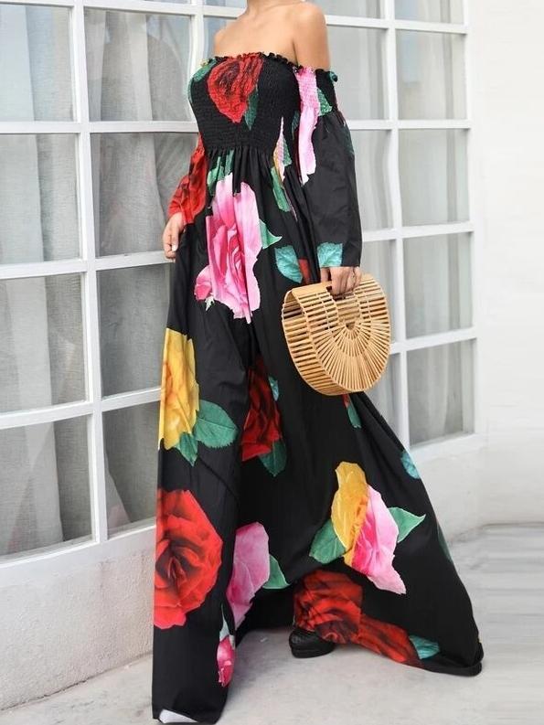 Floral Print Off Shoulder Beach Casual Maxi Dress