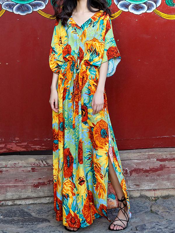 Boho Batwing Sleeves Sunflower Printed Maxi Dress