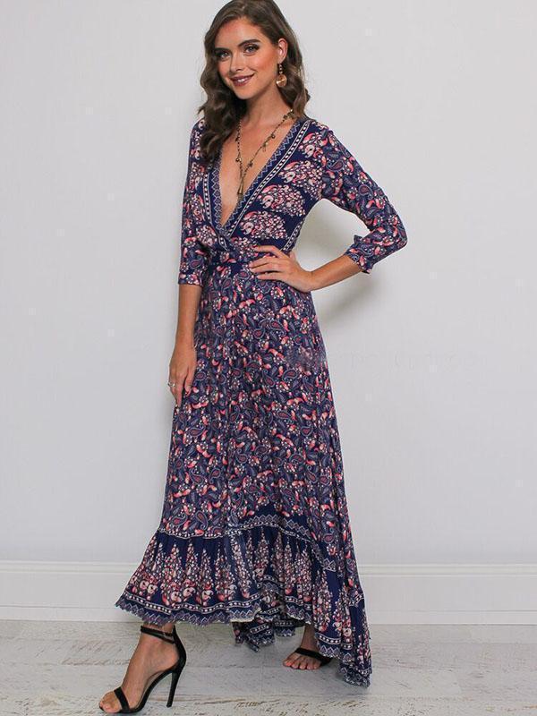 Print V Neck Side Split Bohemia Maxi Dress