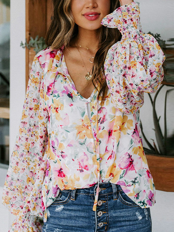 Cardigan Button Floral Chiffon Shirt Women's Loose Oversized Top