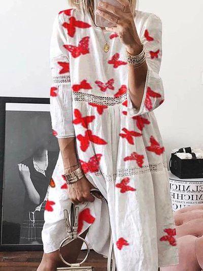 Lace Stitching 7-sleeve Printed Dress