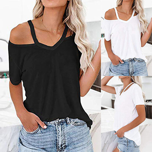 Women's Solid Color Strapless Short-sleeved Tops V-neck T-shirt