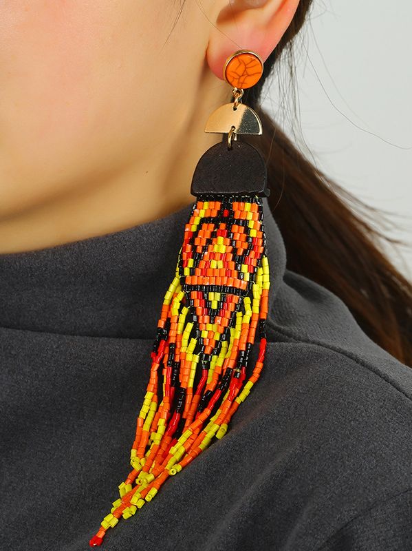 Exaggerated Long Handmade Rice Bead Tassel Earrings