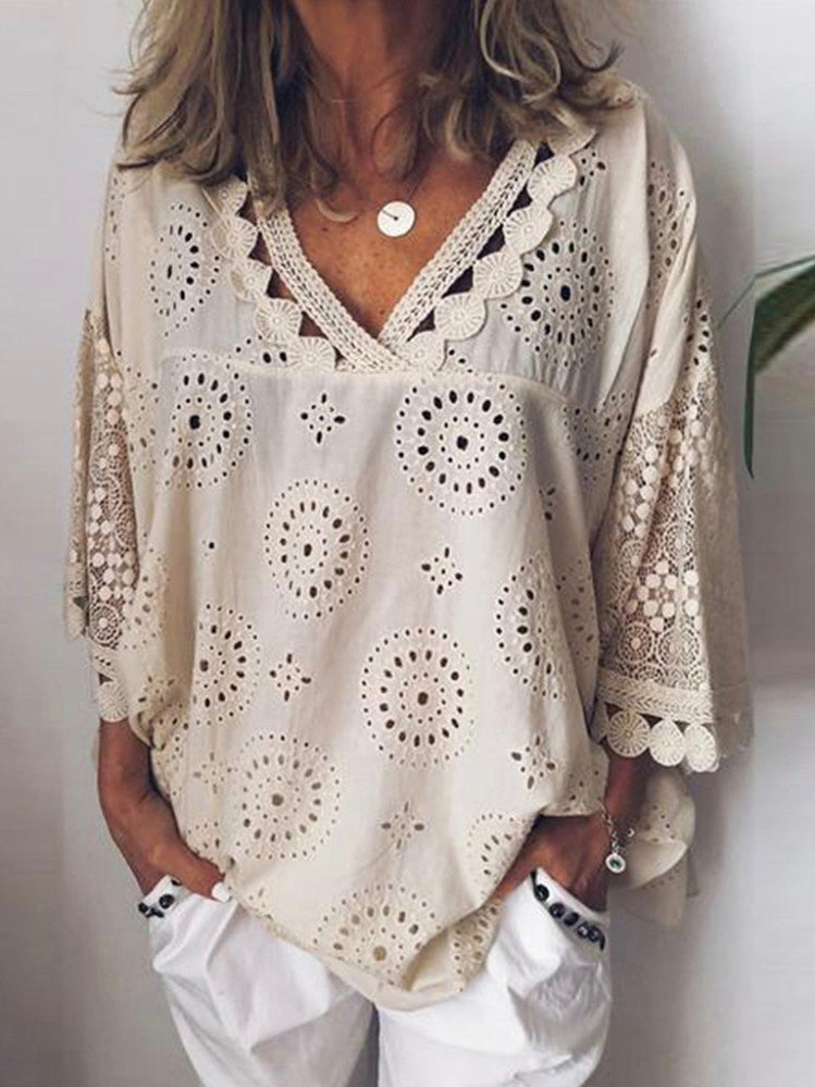 Summer Hot Women Half Sleeve Cotton Hollow-Out Lace Patchwork Shirt