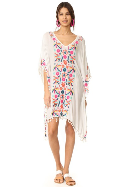 Floral Embroidered Beach Batwing Sleeve Boho Loose Cover-Up Dress