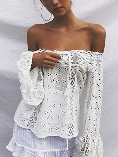 Lace Off Shoulder Flared Sleeves Cover-Ups Tops