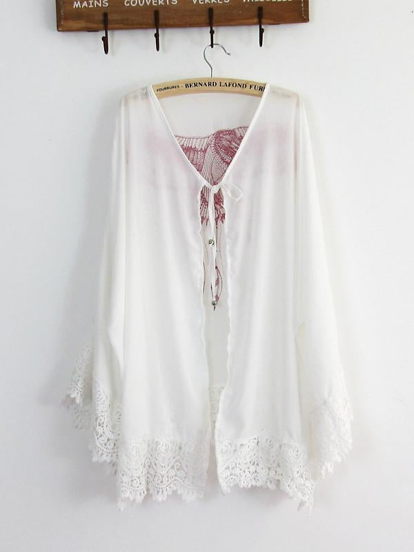 Lace Sleeves Mini Eagle Print White Bohemia Beach Cardigan Tops