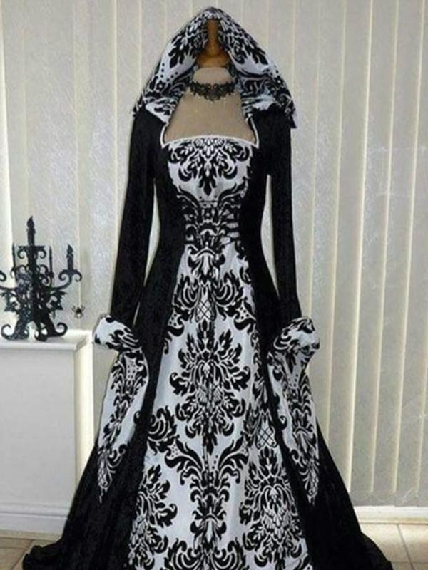 Vintage Dress Women Gothic Long Sleeve Hooded Maxi Dress Long Gown Party Dresses Loose Square Collar robe femme Plus Size