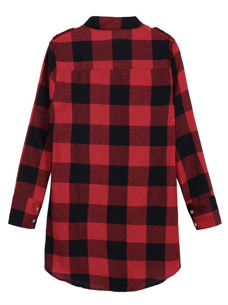 Women Long Sleeve Boyfriend Scottish Plaid Pockets Button Blouses