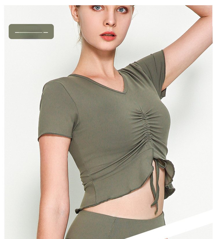 Rope v-neck sports short sleeve lotus leaf pendulum short yoga jacket with chest pad nude yoga