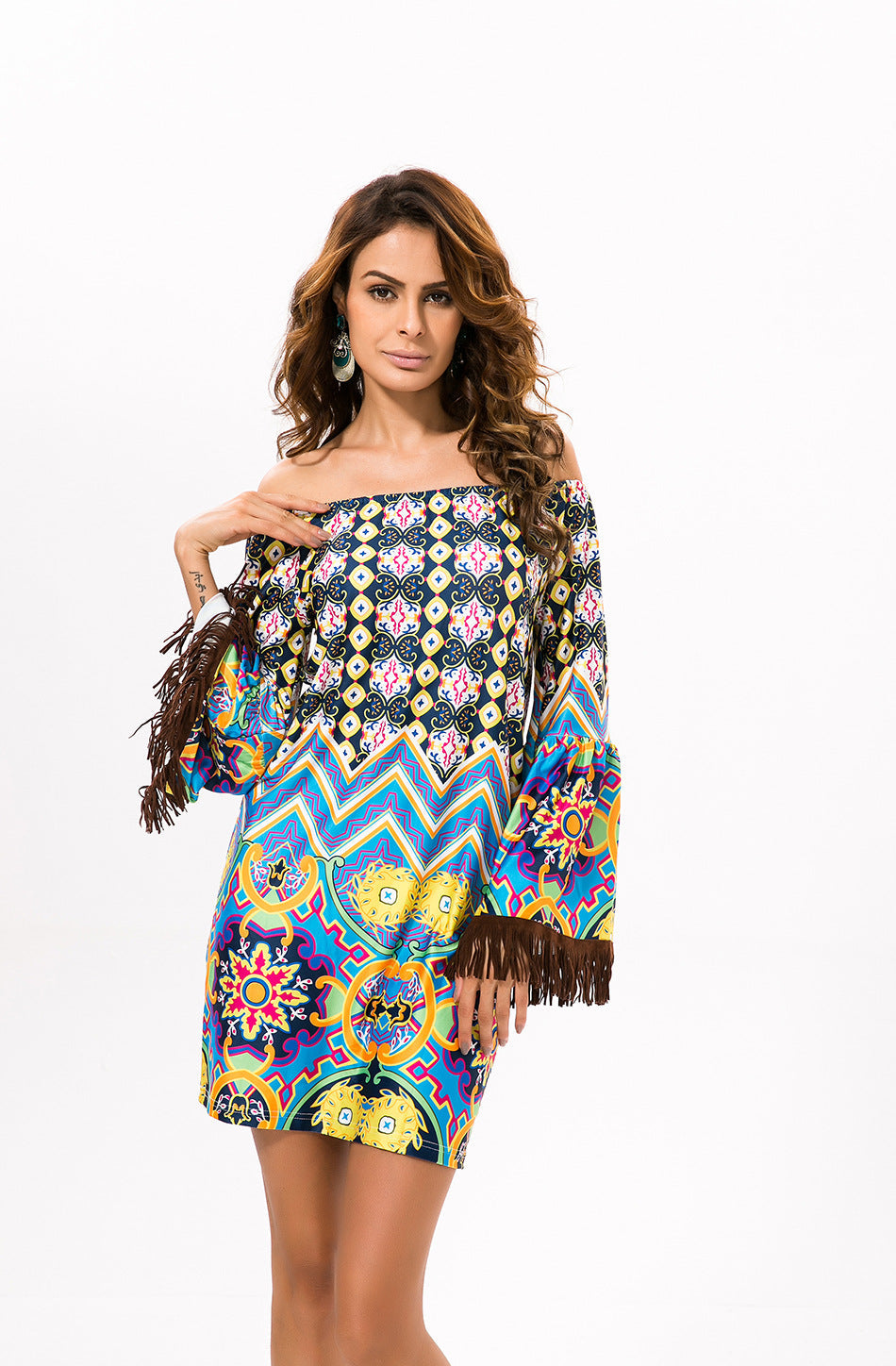 Summer Bohemia Floral Off Shoulder with Tassels Bodycon Mini Dress