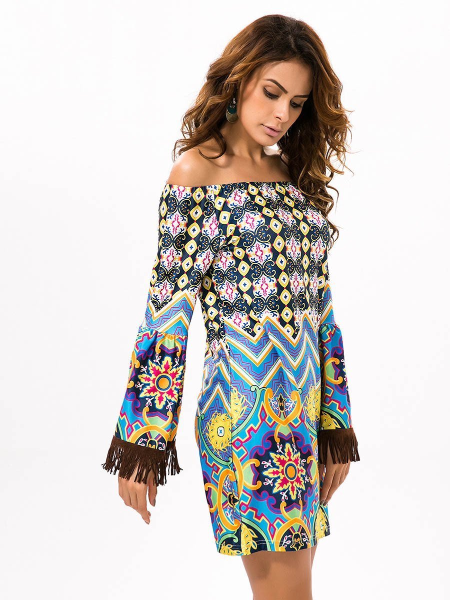 Beautiful Chiffon Bohemia Floral Off Shoulder with Tassels Bodycon Mini Dress