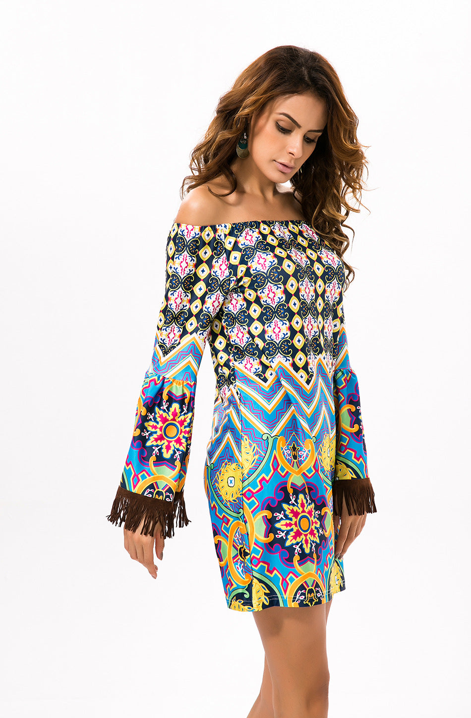 Summer Bohemia Floral Off Shoulder with Tassels Bodycon Mini Dress