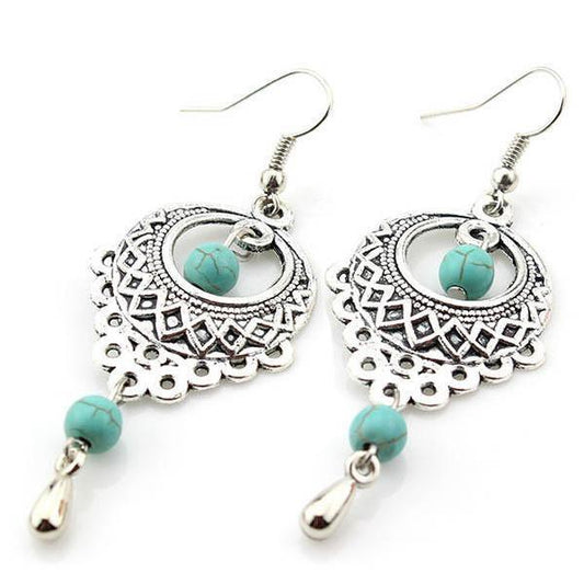 Vintage Ethnic Turquoise Hollow Carved Water Drops earrings