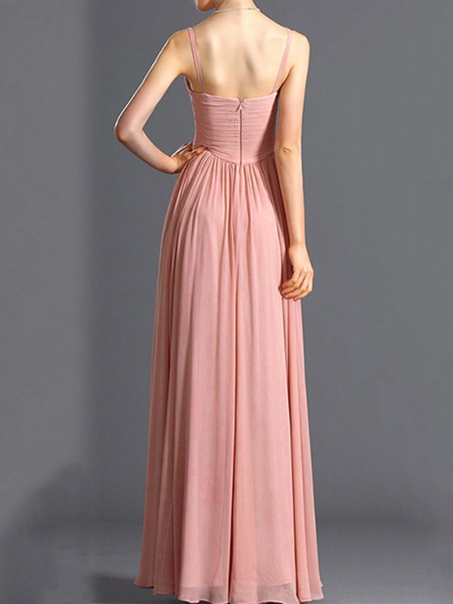 V-Neck Ruched Plain Evening Dress
