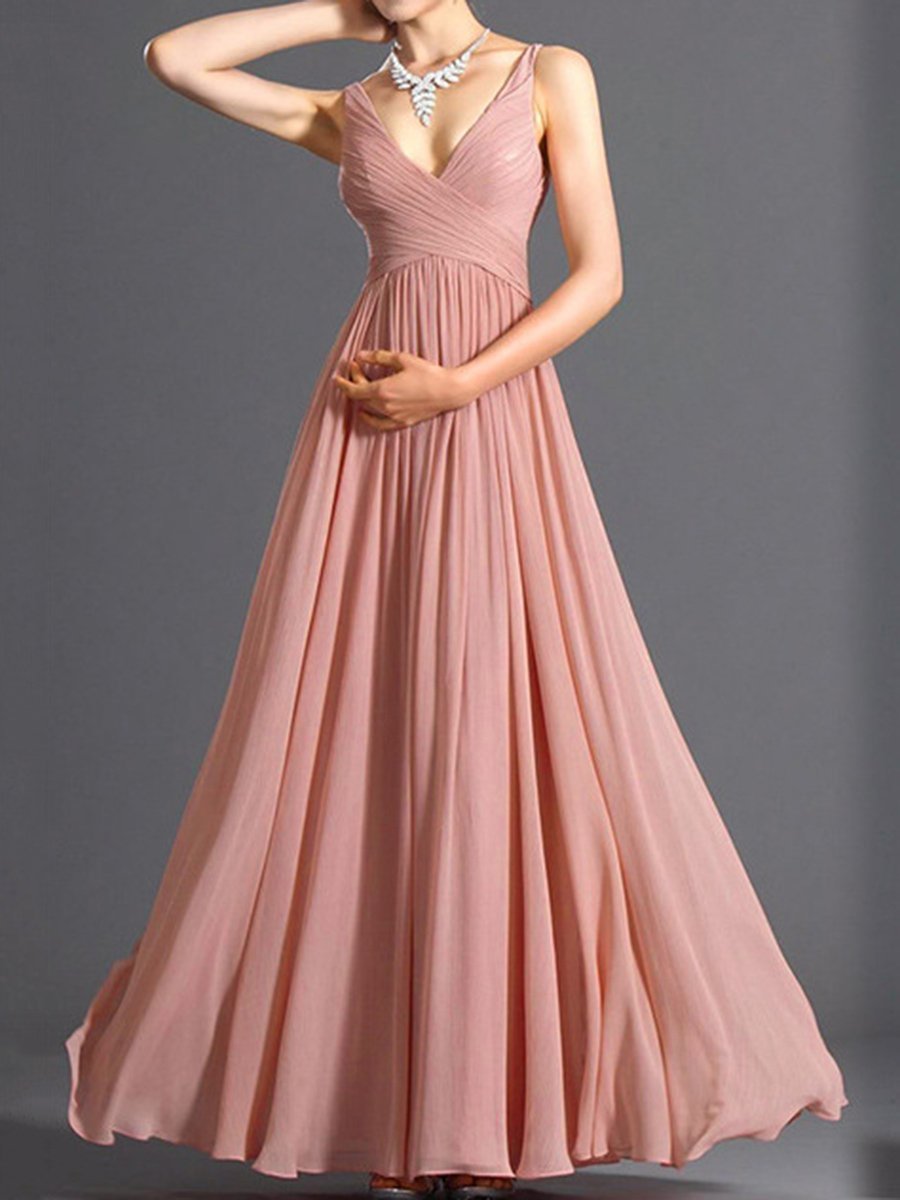 V-Neck Ruched Plain Evening Dress