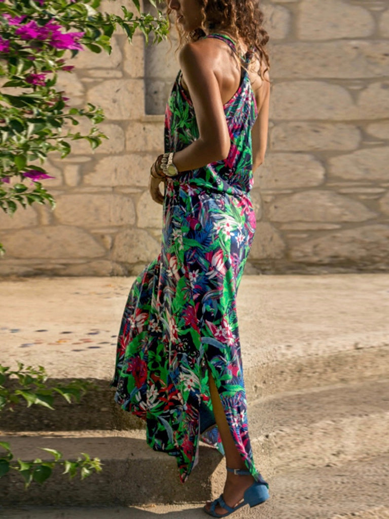 Summer Women Fashion Sexy Causal Elegant Sleeveless Floral Hollow-out Back Maxi Dress