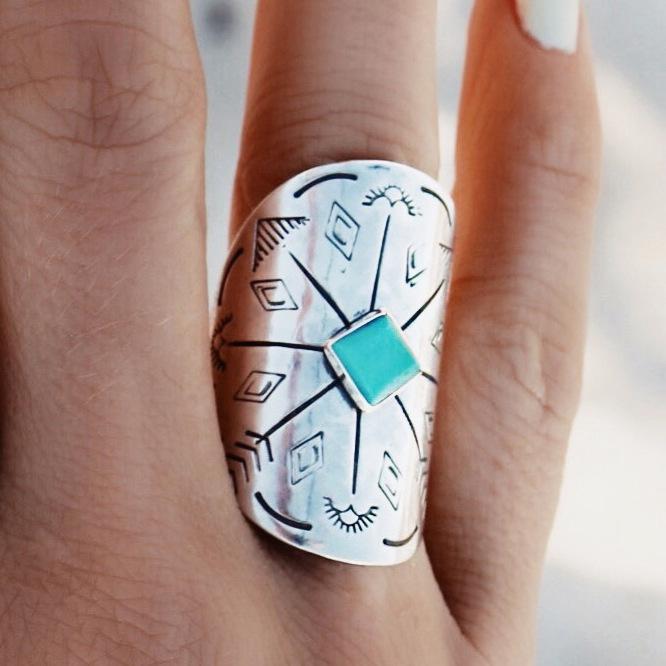 Gypsy Bohemian Wide Edition Retro Carved Truffle Cactus Sun Moon Geometry Ring