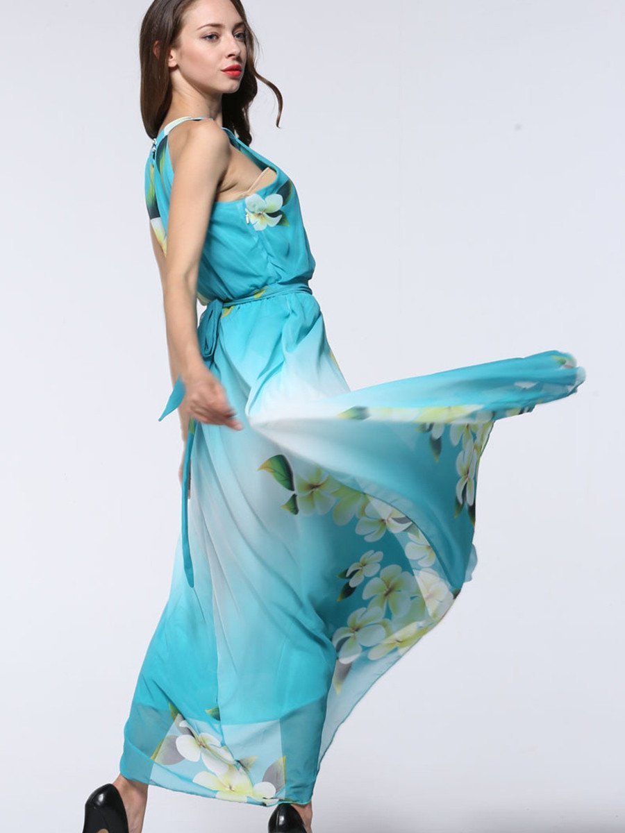 Pretty Sky Blue Floral Plus Size Sleeveless Halter Maxi Dress