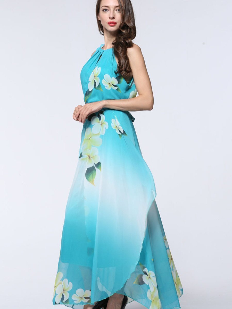 Pretty Sky Blue Floral Plus Size Sleeveless Halter Maxi Dress