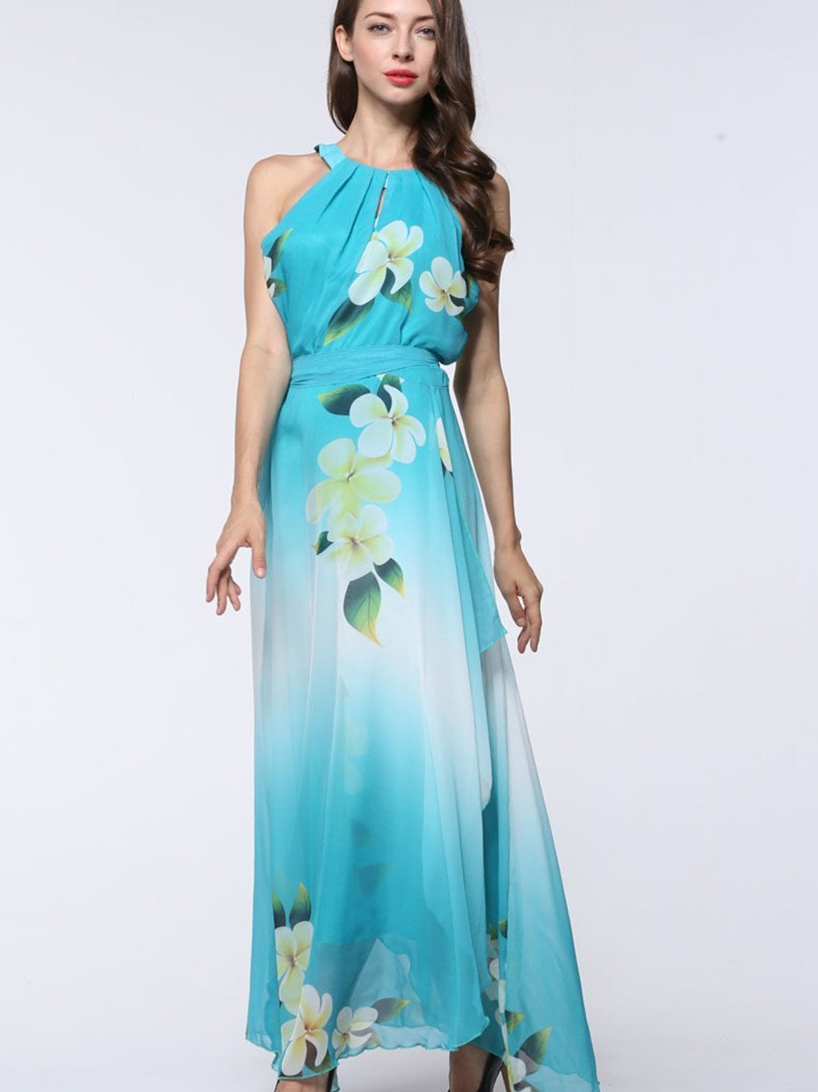 Pretty Sky Blue Floral Plus Size Sleeveless Halter Maxi Dress