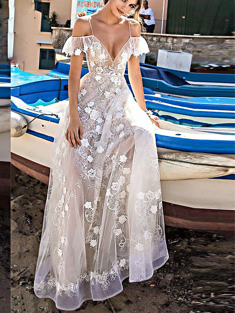 Sexy Backless Deep V Collar Lace Grenadine Evening Dress