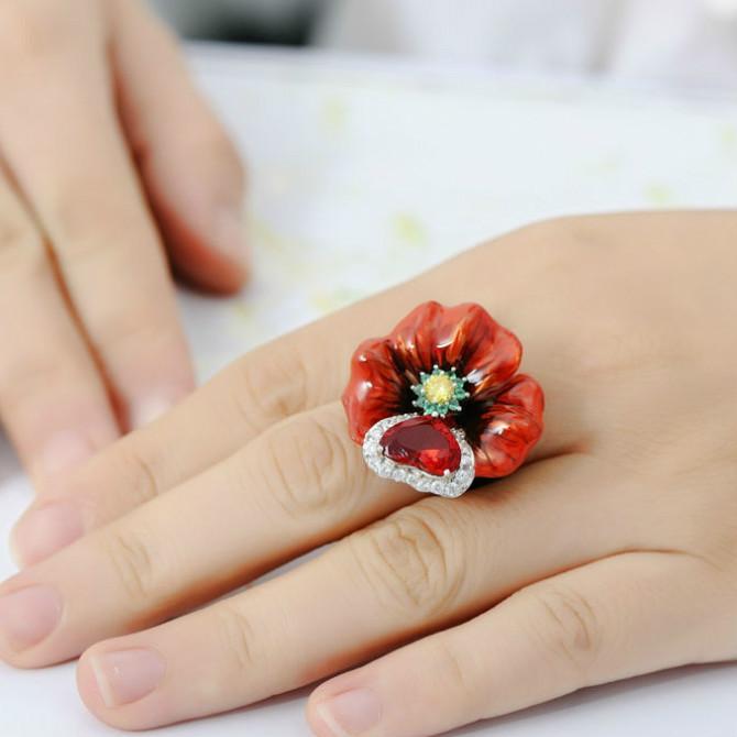 Enamel Cloisonne Red Flower Leaf Heart Cubic Zirconia Luxury Jewelry For Women Big Crystals Gift For Girls Engagement Rings