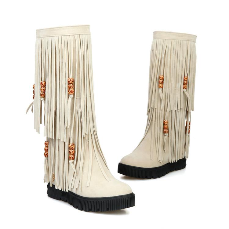 Women Boho Winter Tassel Warm Hidden Heel Long Boots