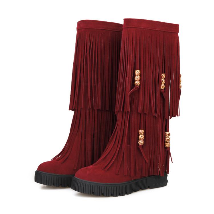 Women Boho Winter Tassel Warm Hidden Heel Long Boots