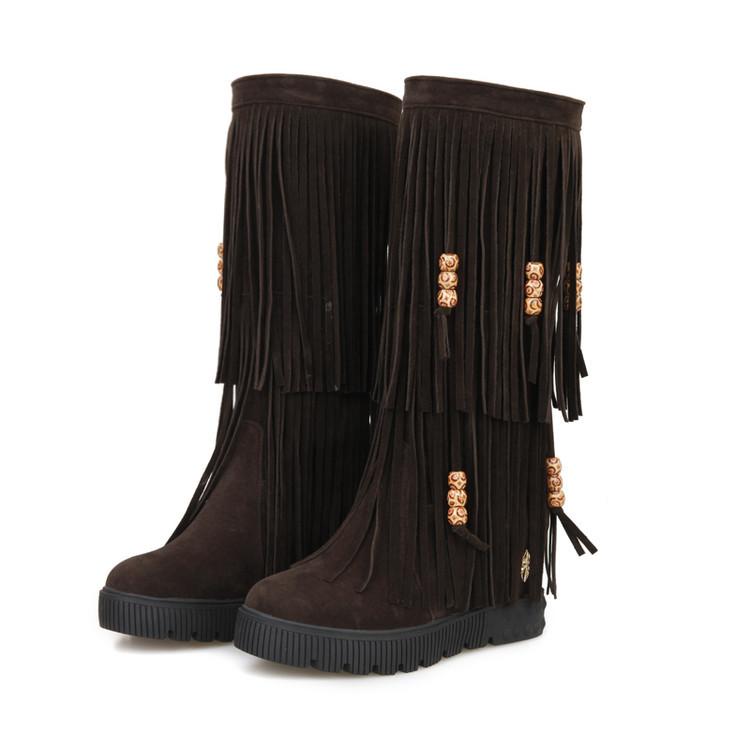 Women Boho Winter Tassel Warm Hidden Heel Long Boots