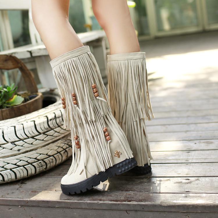 Women Boho Winter Tassel Warm Hidden Heel Long Boots