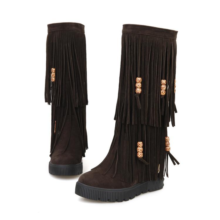 Women Boho Winter Tassel Warm Hidden Heel Long Boots