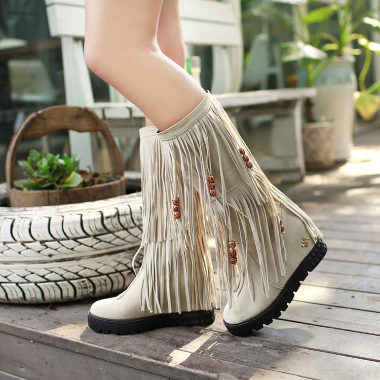 Women Boho Winter Tassel Warm Hidden Heel Long Boots