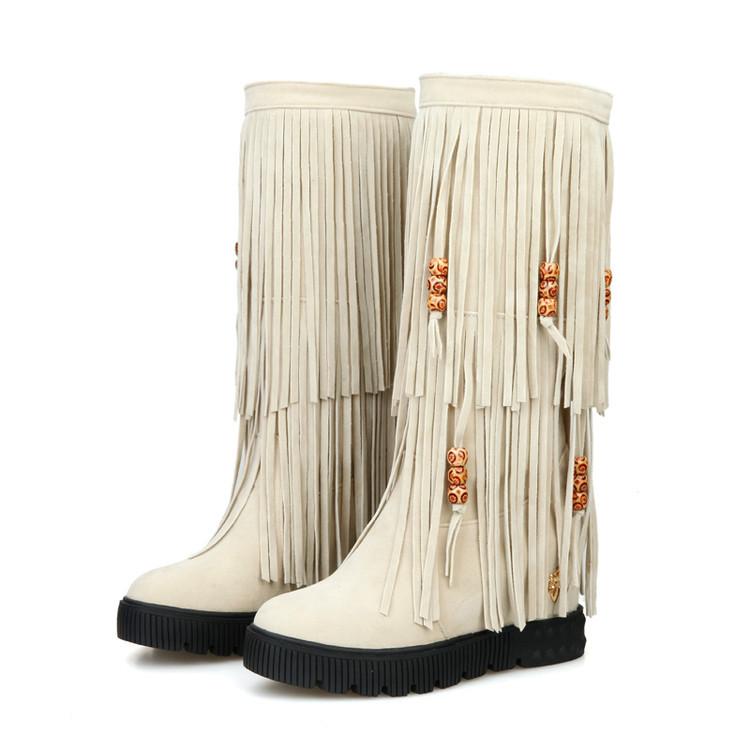 Women Boho Winter Tassel Warm Hidden Heel Long Boots